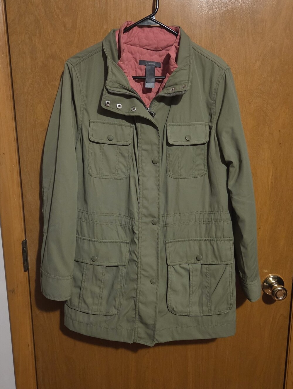Liz Claiborne Olive Green Utility Jacket with Removable Pink Lining, Size L